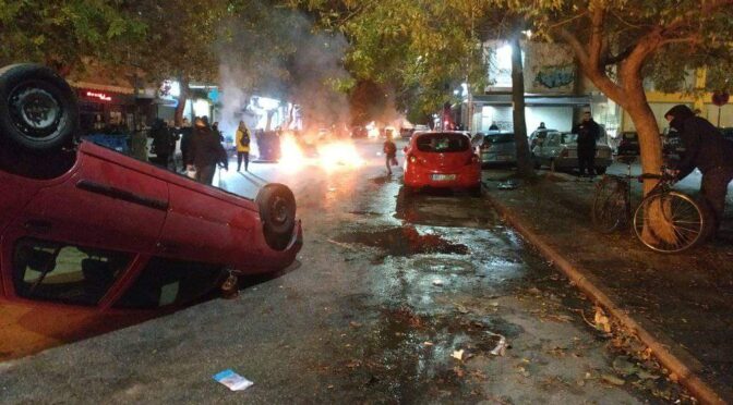 Thessaloniki, Greece: Molotov attack on riot cops and riot during the 6th December, anniversary of the killing of Alexis Grigoropoulos