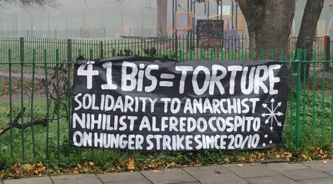 Banner hung in solidarity with anarchist nihilist comrade Alfredo Cospito (Bristol,UK)