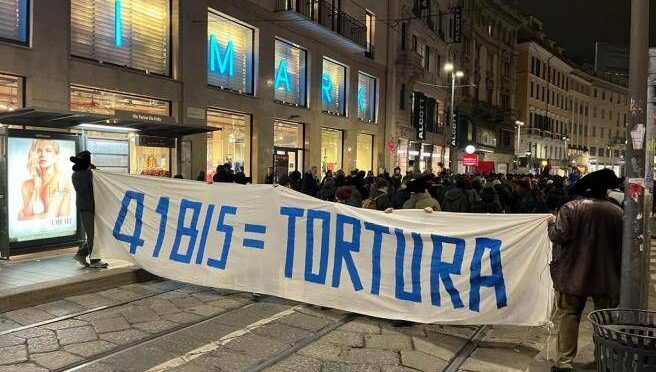 Demonstration in the city centre in solidarity with Alfredo Cospito on hunger strike to the bitter end against 41 bis and life imprisonment without possibility of parole (Milan, Italy, December 29, 2022)