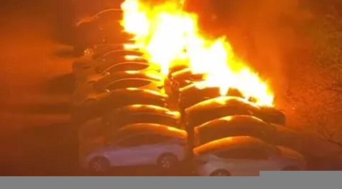 Tesla in flames -Switch Off – the system of destruction! (Frankfurt, Germany)